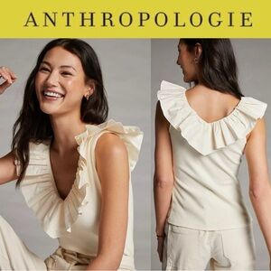ANTHROPOLOGIE MAEVE TINA BONE DEEP V NECK RUFFLED SLEEVELESS TOP